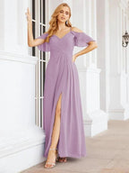 Numbersea Cold Shoulder Long Bridesmaid Dresses Side Slit Formal Prom Gowns Party Wedding 28070 by numbersea