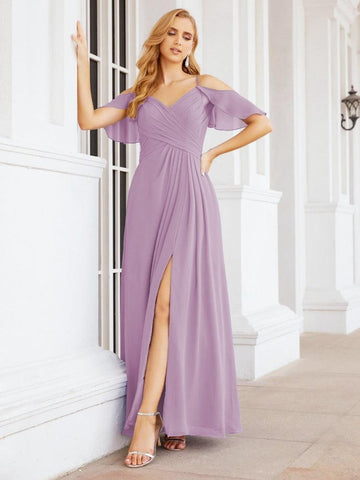 Numbersea Cold Shoulder Long Bridesmaid Dresses Side Slit Formal Prom Gowns Party Wedding 28070