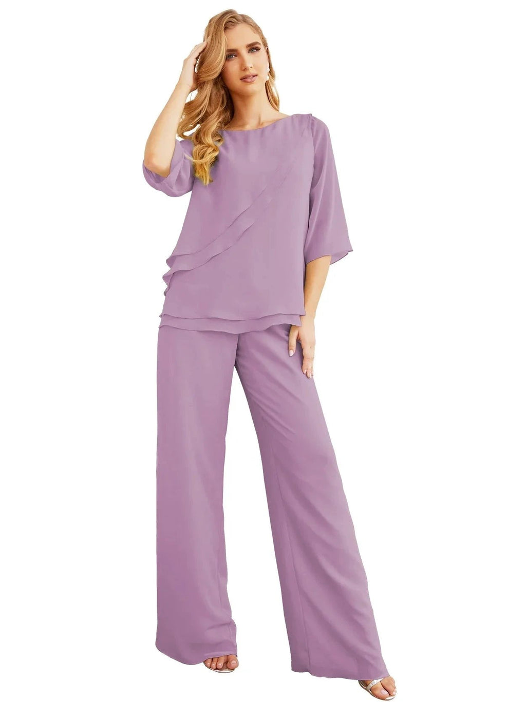 Sunnderly Elegant 2 Piece Mother of The Bride Dress Plus Size Pant Suits Ruffle Layers Sliver Housecoat SY28064 by numbersea