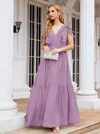 Numbersea Women's Open Back Formal Evening Party Prom Gowns V-Neck Long Chiffon Bridesmaid Dresses with Waist Belt 28038 by numbersea