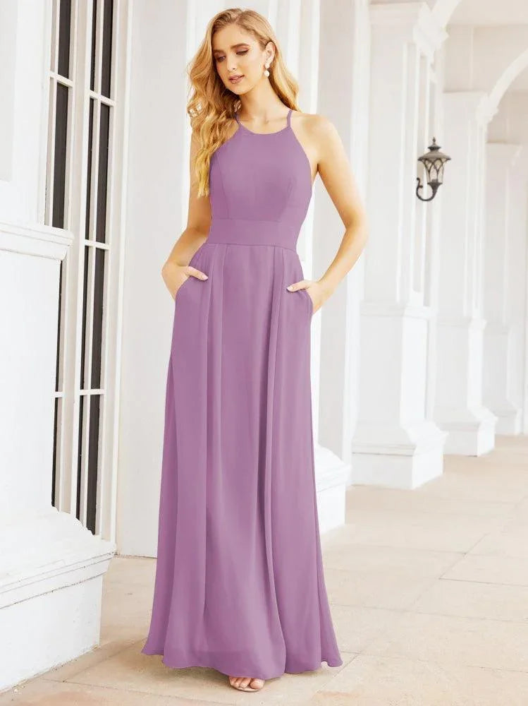 Robes de demoiselle d'honneur Numbersea à col licou avec poches, sans manches, robes de soirée formelles pour fête et bal 28055