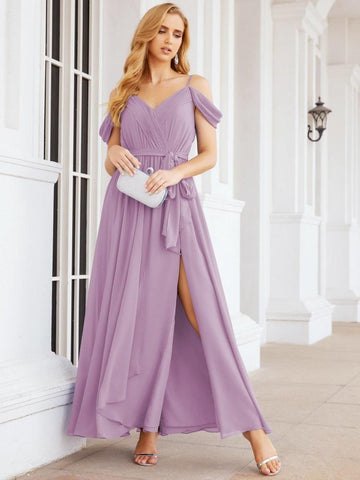 Numbersea Off The Shoulder Chiffon Bridesmaid Dress Long Formal Graduation Gown with Cowl Back 28069
