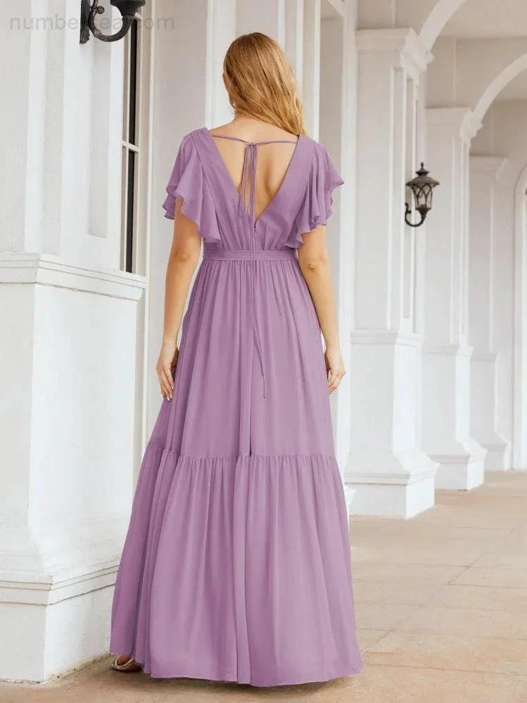 Numbersea Women's Open Back Formal Evening Party Prom Gowns V-Neck Long Chiffon Bridesmaid Dresses with Waist Belt 28038 by numbersea