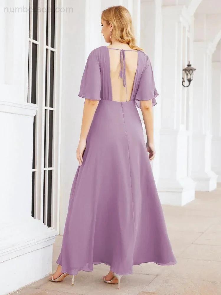 Numbersea V-Neck Bridesmaid Dress Chiffon Long Open Back Formal Dresses for Women Party Evening 28067 by numbersea