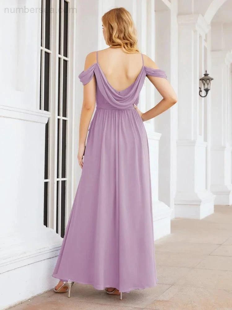 Numbersea Off The Shoulder Chiffon Bridesmaid Dress Long Formal Graduation Gown with Cowl Back 28069 by numbersea