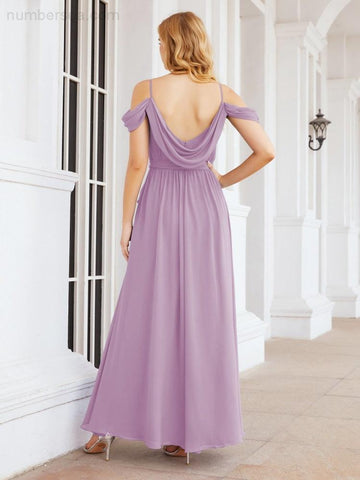 Numbersea Off The Shoulder Chiffon Bridesmaid Dress Long Formal Graduation Gown with Cowl Back 28069