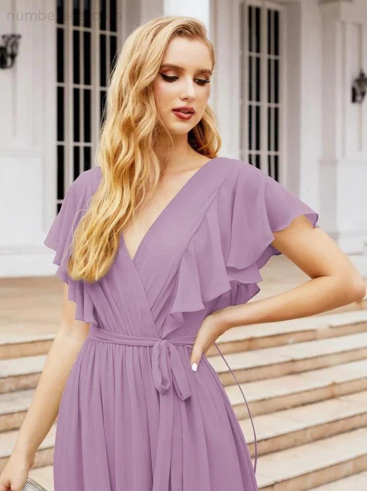 Numbersea Women's Open Back Formal Evening Party Prom Gowns V-Neck Long Chiffon Bridesmaid Dresses with Waist Belt 28038 by numbersea