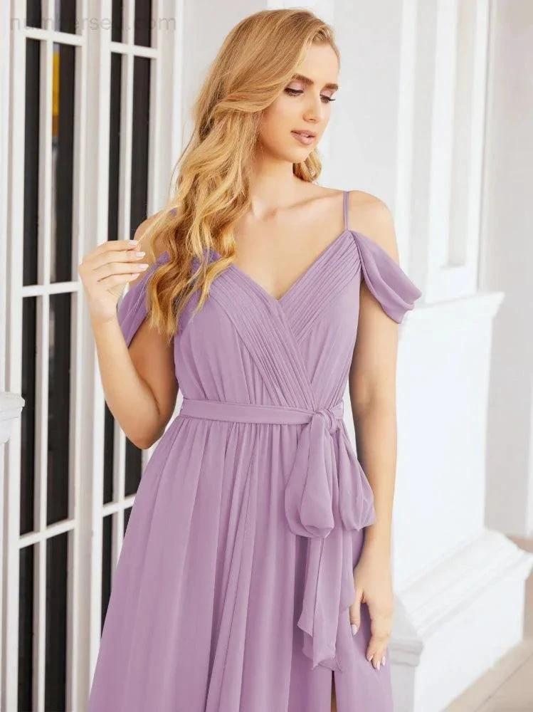 Numbersea Off The Shoulder Chiffon Bridesmaid Dress Long Formal Graduation Gown with Cowl Back 28069 by numbersea
