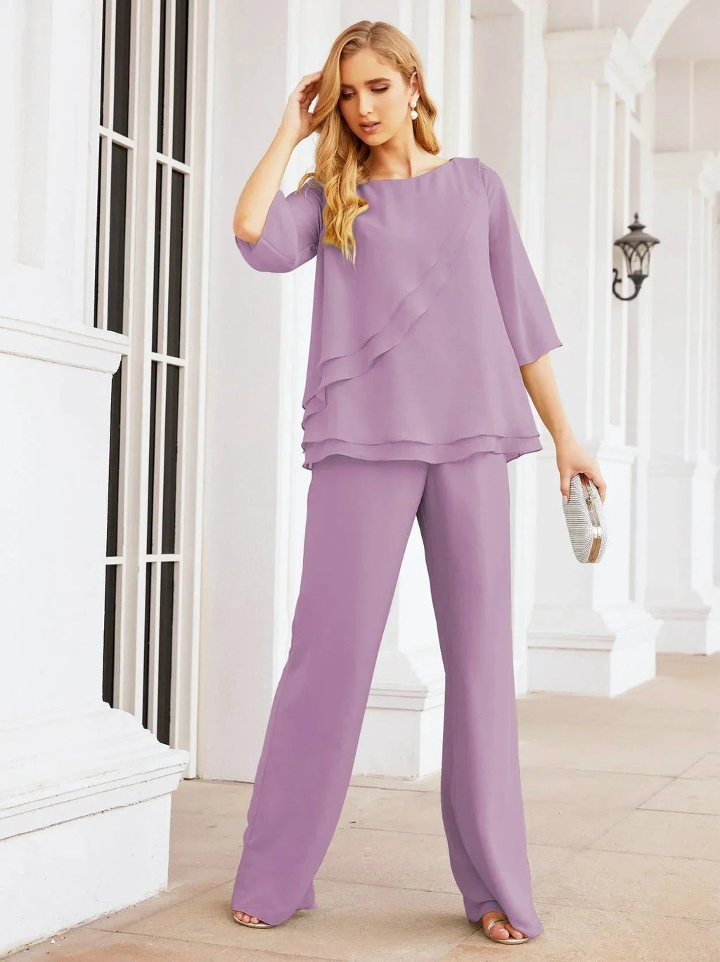 Sunnderly Elegant 2 Piece Mother of The Bride Dress Plus Size Pant Suits Ruffle Layers Sliver Housecoat SY28064 by numbersea