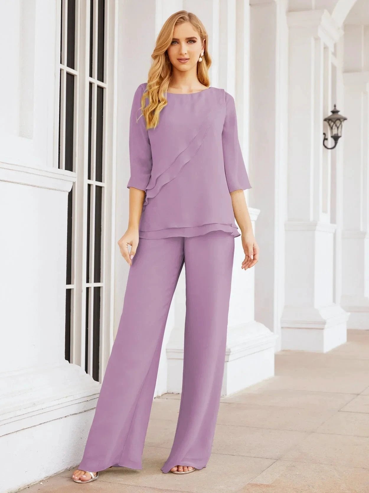 Sunnderly Elegant 2 Piece Mother of The Bride Dress Plus Size Pant Suits Ruffle Layers Sliver Housecoat SY28064 by numbersea