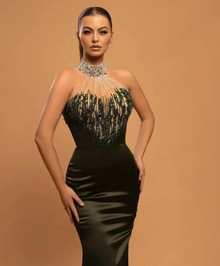 Elegant Long Halter Satin Beadings Mermaid Prom Dresses by BIZTUNNEL