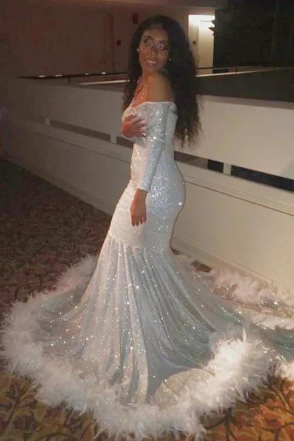 Off-the-Shoulder Sequins Mermaid Long Prom Dress With Feather and Long Sleeves by BIZTUNNEL