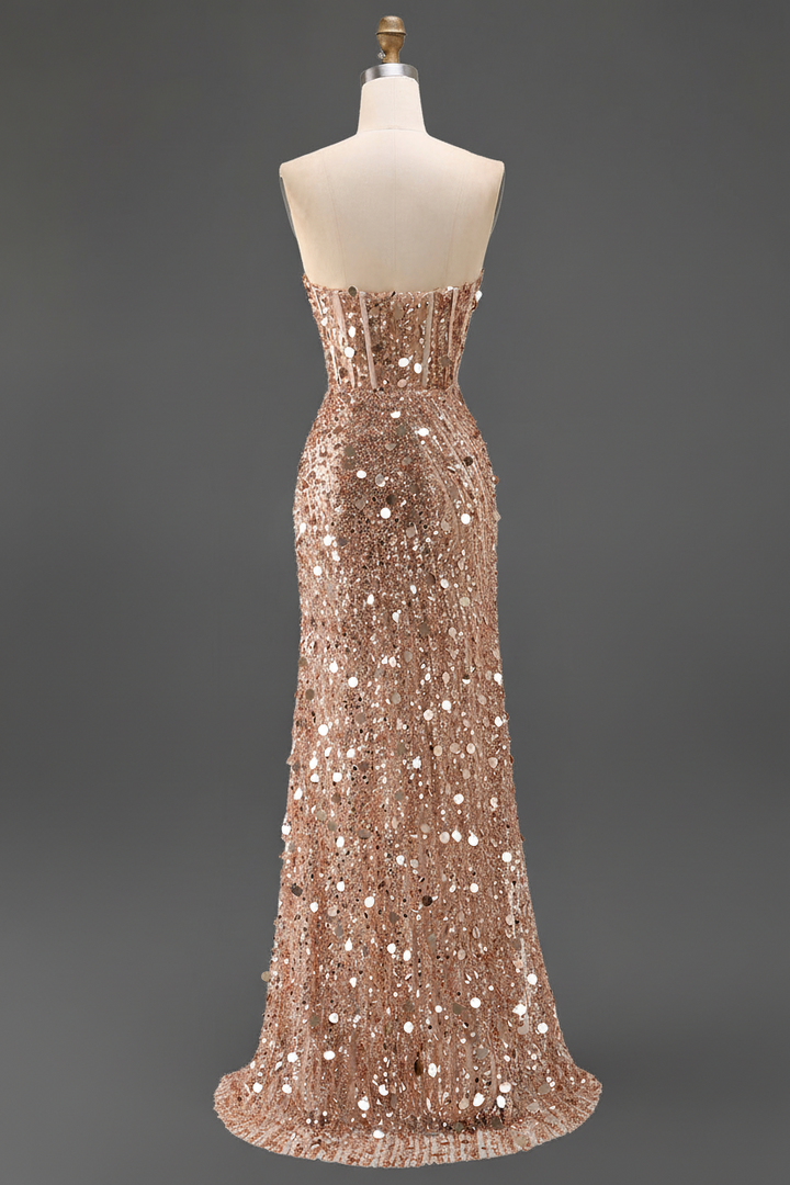 Sparkly Gold Mermaid Sequins Sweetheart Long Corset Prom Dress with Slit