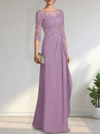 A-line Scoop Illusion Floor-Length Chiffon Lace Mother of the Bride Dress With Beading Sequins Cascading Ruffles by Dreamylily