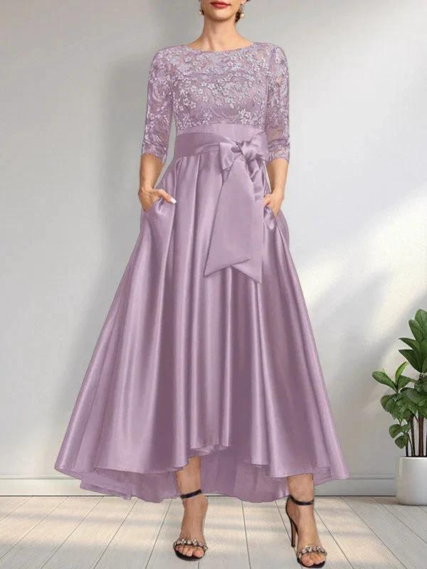 A-line Scoop Illusion Asymmetrical Satin Lace Mother of the Bride Dress With Bow by Dreamylily
