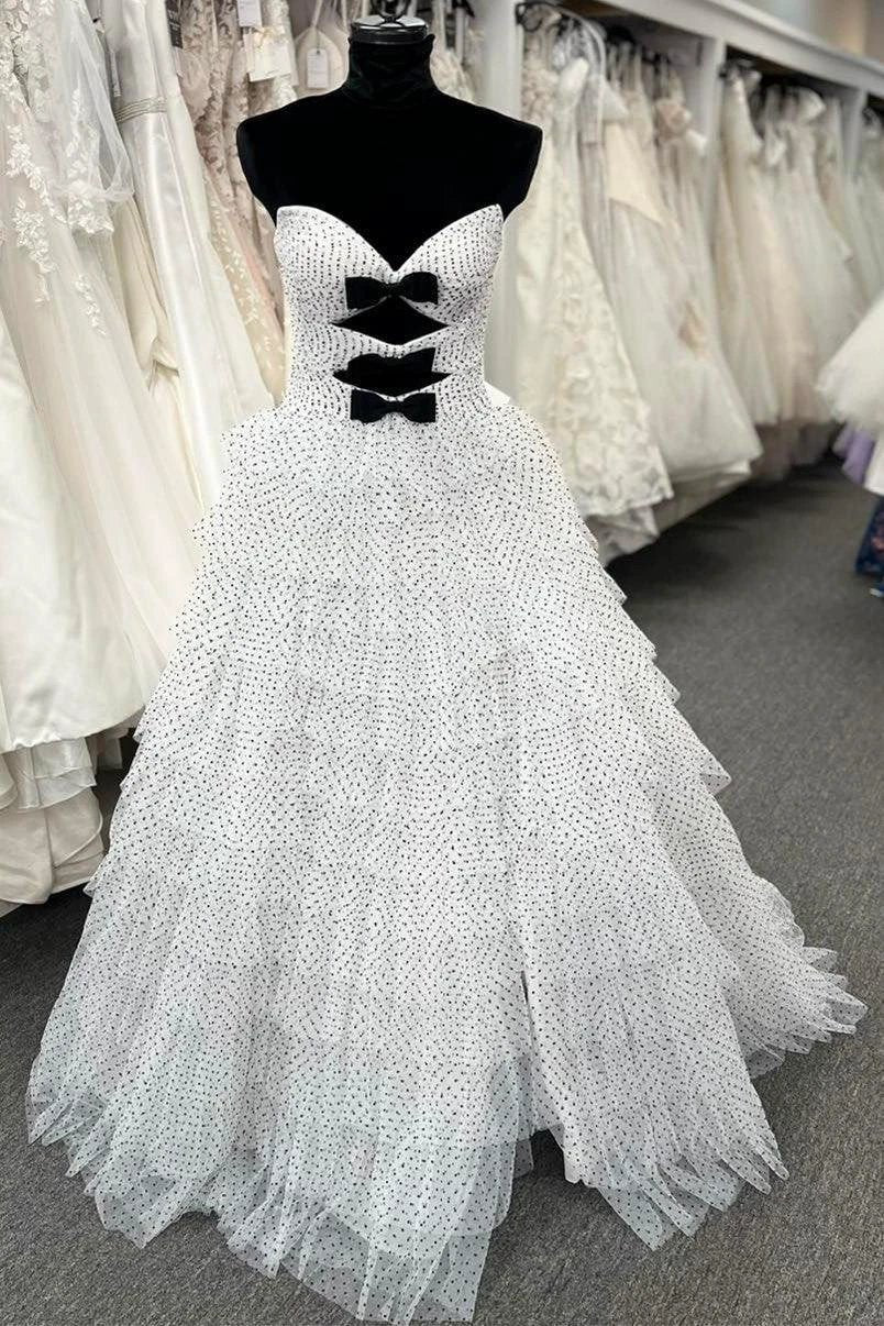 Polka Dot Strapless Ruffle Tiered Prom Gown with Keyholes by KissProm