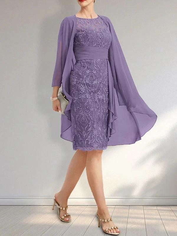 Sheath Scoop Illusion Knee-Length Lace Chiffon Mother of the Bride Dress With Cascading Ruffles Sequins by Dreamylily