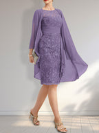 Sheath Scoop Illusion Knee-Length Lace Chiffon Mother of the Bride Dress With Cascading Ruffles Sequins