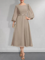 A-line Scoop Tea-Length Chiffon Mother of the Bride Dress With Crystal Brooch Pleated by Dreamylily