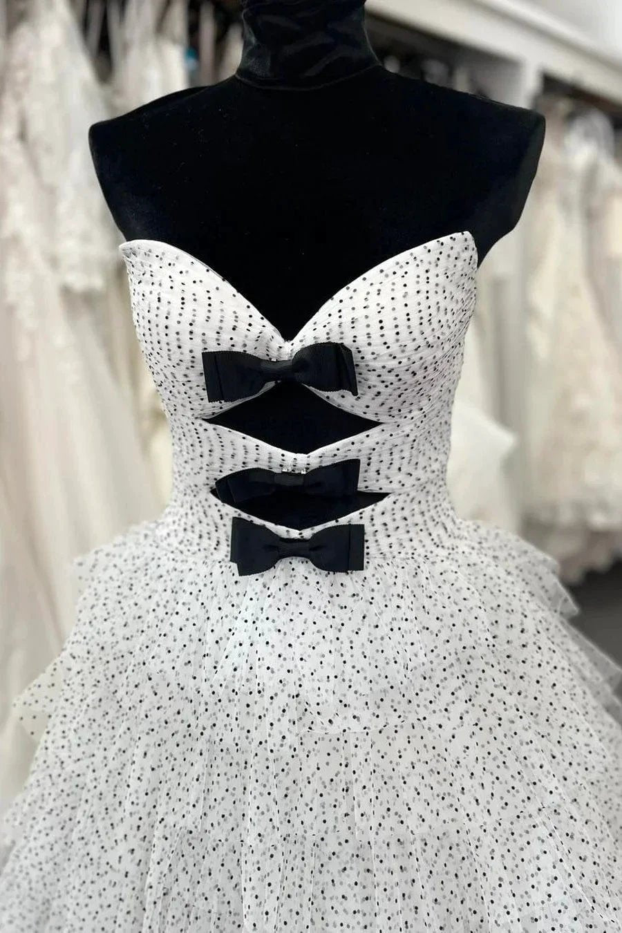 Polka Dot Strapless Ruffle Tiered Prom Gown with Keyholes by KissProm