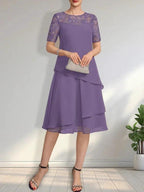 A-line Scoop Illusion Knee-Length Lace Chiffon Mother of the Bride Dress With Sequins by Dreamylily