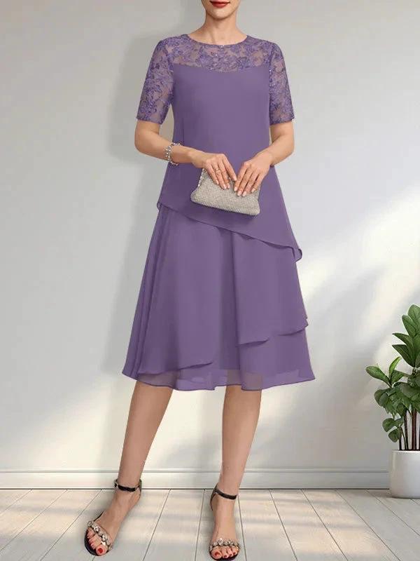 A-line Scoop Illusion Knee-Length Lace Chiffon Mother of the Bride Dress With Sequins by Dreamylily