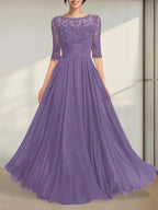 A-line Scoop Illusion Floor-Length Chiffon Lace Mother of the Bride Dress With Pleated Sequins by Dreamylily