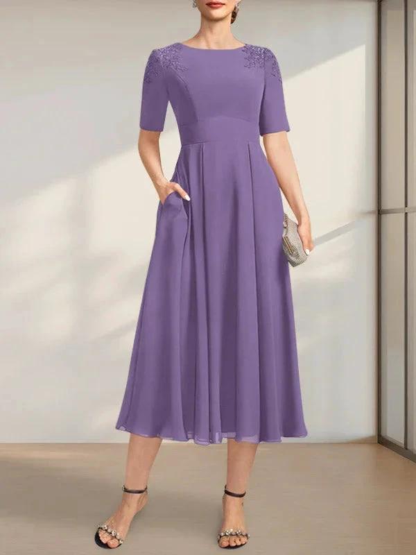 A-line Scoop Tea-Length Chiffon Mother of the Bride Dress With Appliques Lace Sequins by Dreamylily