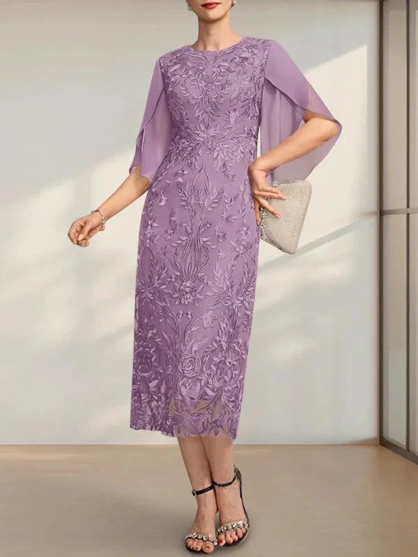 Sheath/Column Scoop Tea-Length Lace Chiffon Mother of the Bride Dress by Dreamylily