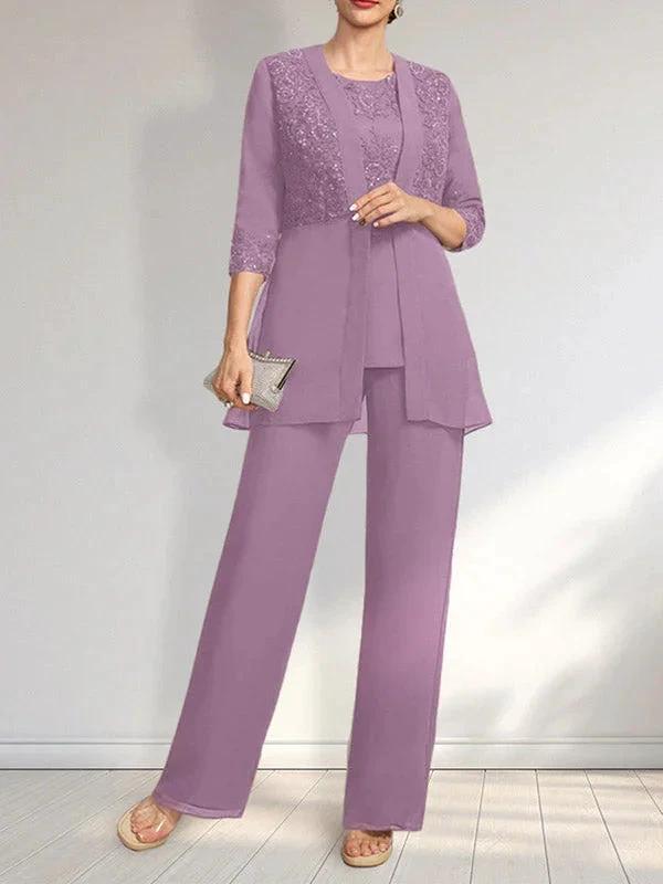 Jumpsuit/Pantsuit Separates Scoop Floor-Length Chiffon Lace Mother of the Bride Dress With Sequins by Dreamylily