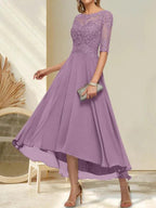 A-line Boat Neck Illusion Asymmetrical Chiffon Lace Mother of the Bride Dress With Sequins Beading by Dreamylily
