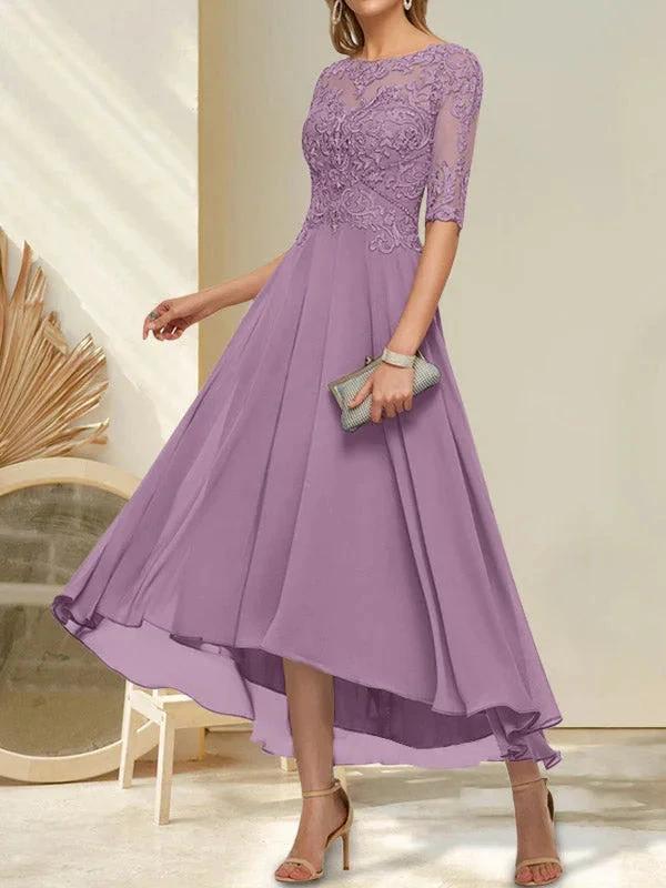 A-line Boat Neck Illusion Asymmetrical Chiffon Lace Mother of the Bride Dress With Sequins Beading by Dreamylily