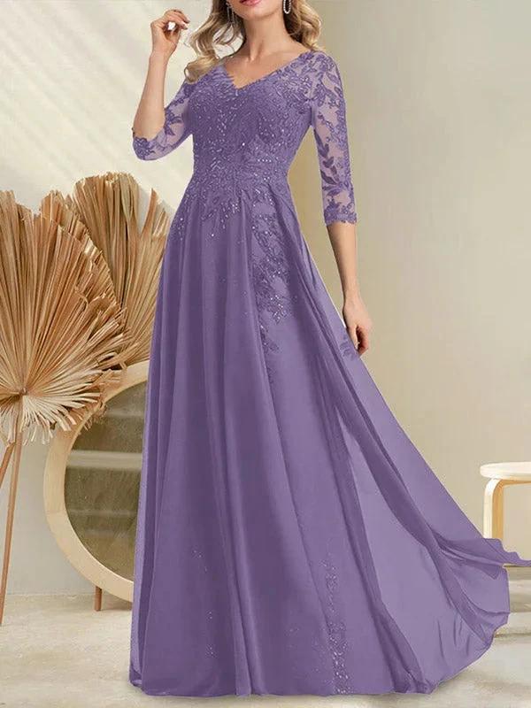 A-line V-Neck Floor-Length Lace Chiffon Mother of the Bride Dress With Sequins by Dreamylily
