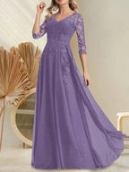 A-line V-Neck Floor-Length Lace Chiffon Mother of the Bride Dress With Sequins by Dreamylily