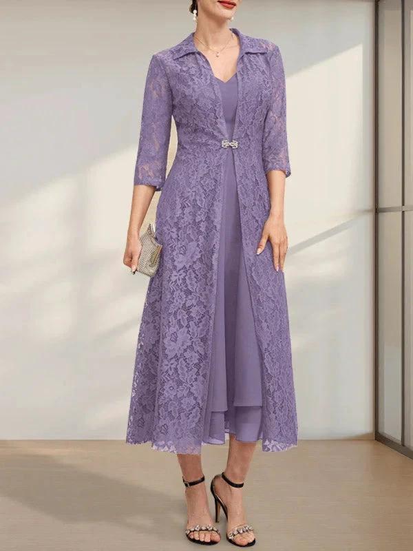 A-line V-Neck Tea-Length Chiffon Mother of the Bride Dress by Dreamylily