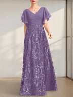 A-line V-Neck Floor-Length Lace Sequin Chiffon Mother of the Bride Dress With Pleated by Dreamylily
