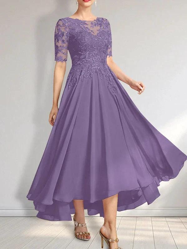 A-line Scoop Illusion Asymmetrical Chiffon Lace Mother of the Bride Dress With Sequins by Dreamylily