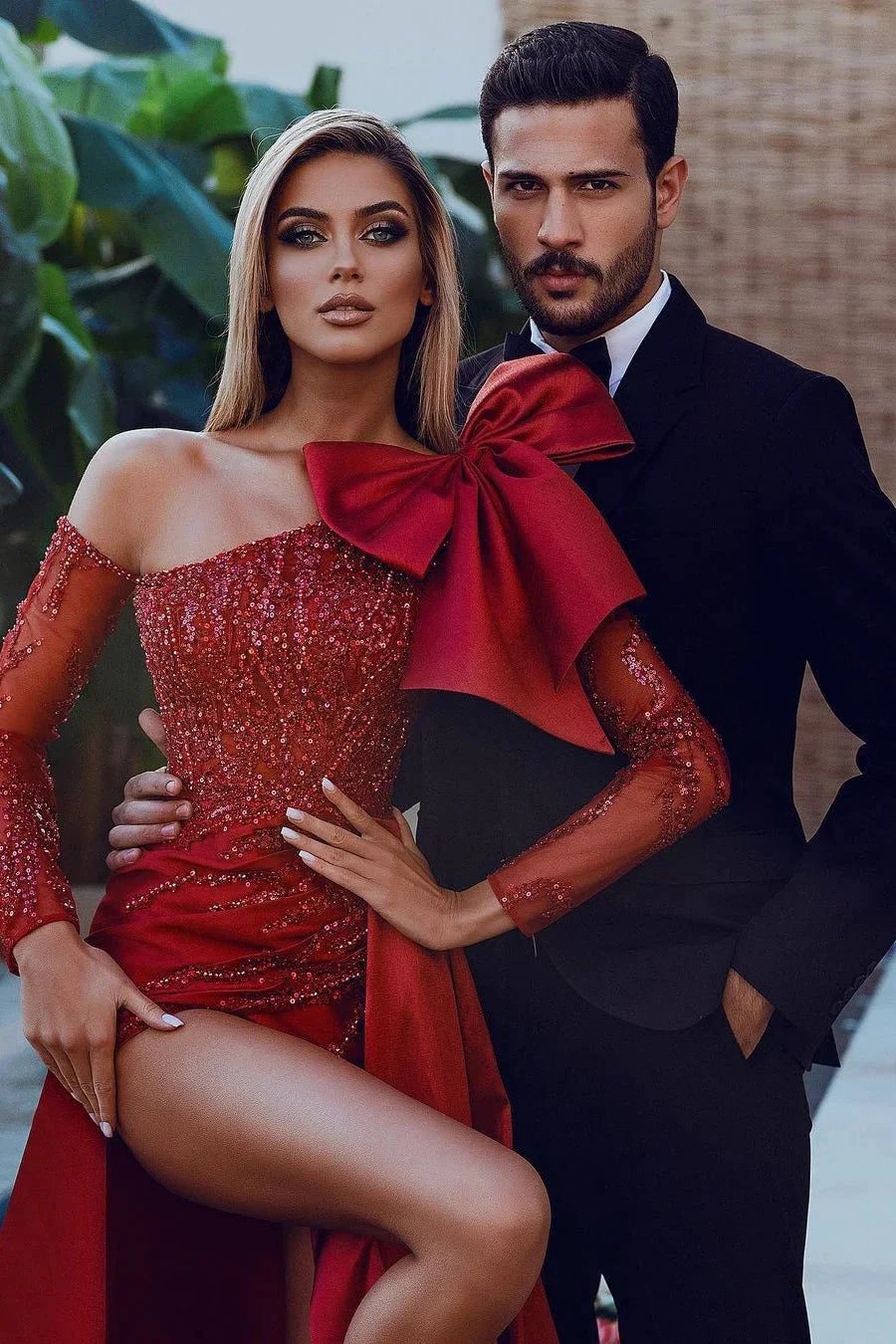 Bow Burgundy Long Sleeve Sequins Mermaid Prom Dress With Split by BIZTUNNEL
