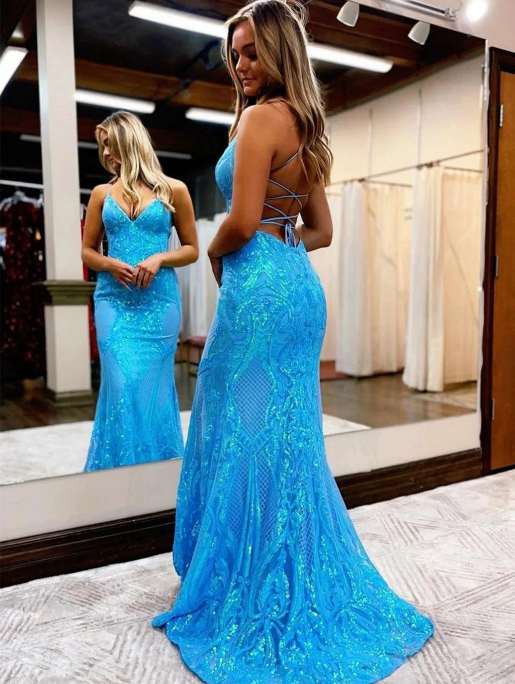 V Neck Pink Glitter Backless Mermaid Bodycon Long Prom Dress by KissProm