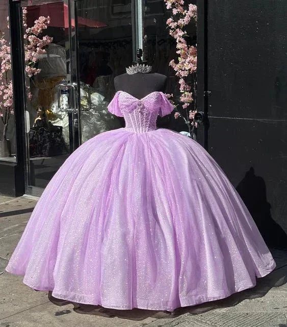 Glitter Off The Shoulder Lilac Tulle Beaded Ball Gown Quinceanera Dress Y7463 by simplepromdress