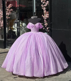 Glitter Off The Shoulder Lilac Tulle Beaded Ball Gown Quinceanera Dress Y7463 by simplepromdress