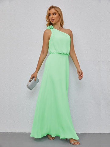 Ruffled One Shoulder Sleeveless Long Bridesmaid Dresses A-line Formal Evening Gown Side Split 28080