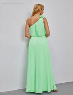 Ruffled One Shoulder Sleeveless Long Bridesmaid Dresses A-line Formal Evening Gown Side Split 28080 by numbersea