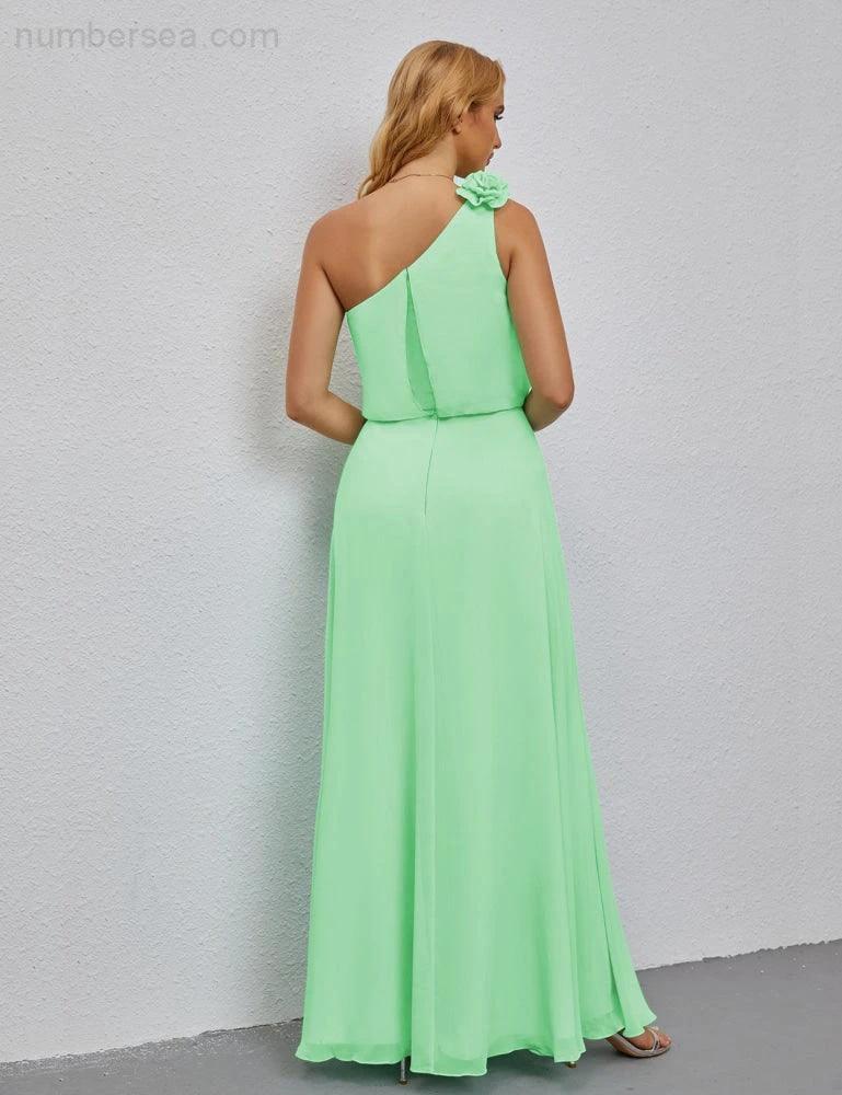 Ruffled One Shoulder Sleeveless Long Bridesmaid Dresses A-line Formal Evening Gown Side Split 28080 by numbersea