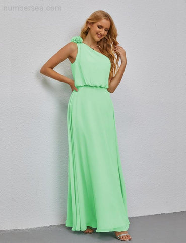 Ruffled One Shoulder Sleeveless Long Bridesmaid Dresses A-line Formal Evening Gown Side Split 28080