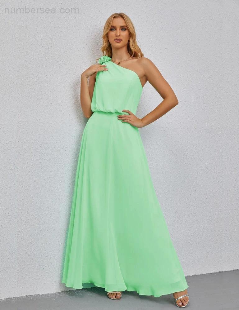 Ruffled One Shoulder Sleeveless Long Bridesmaid Dresses A-line Formal Evening Gown Side Split 28080 by numbersea