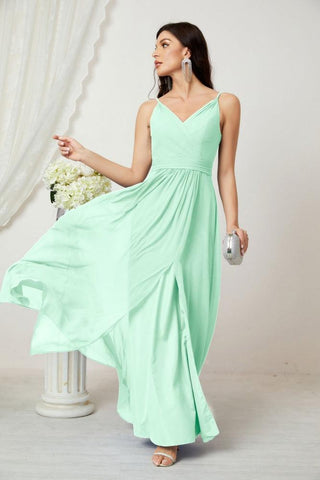 Numbersea Chiffon V-Neck Bridesmaid Dress Spaghetti Strap Long Formal Party Prom Gowns with Slit 28010