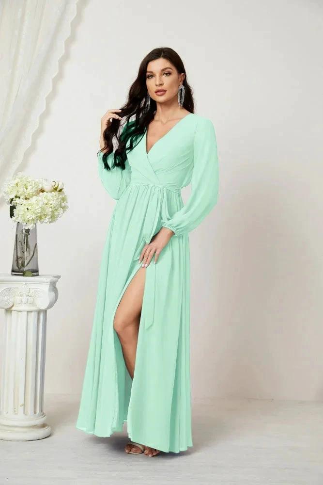 Sunnderly Evening Dresses Deep V-Neck Chiffon Bridesmaid Dresses Long Bishop Sleeve Side Split Formal Dress SY2806 by numbersea
