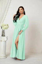 Sunnderly Evening Dresses Deep V-Neck Chiffon Bridesmaid Dresses Long Bishop Sleeve Side Split Formal Dress SY2806 by numbersea
