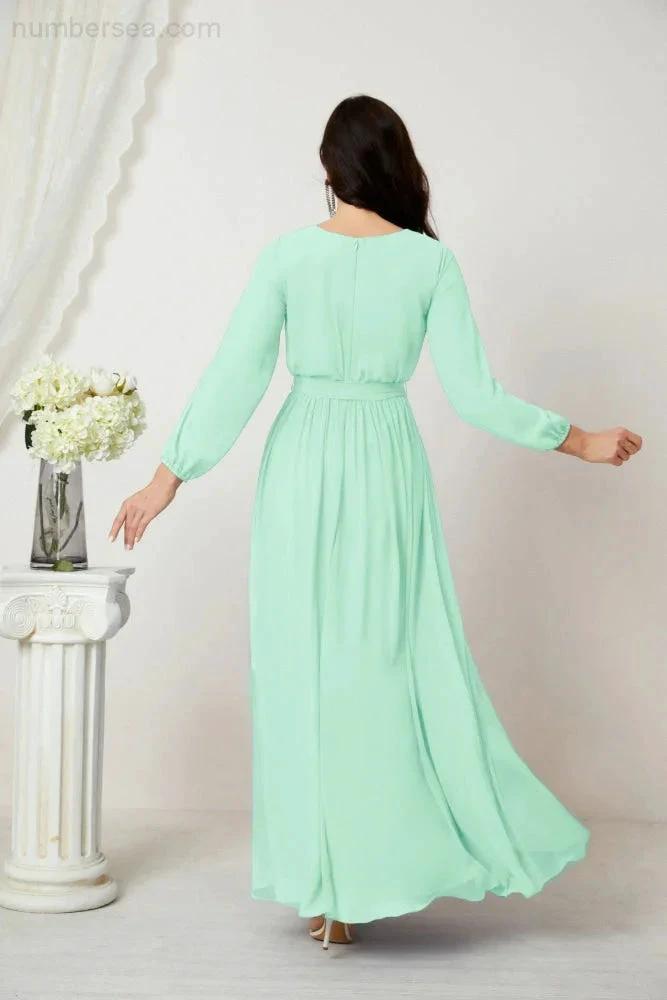 Sunnderly Evening Dresses Deep V-Neck Chiffon Bridesmaid Dresses Long Bishop Sleeve Side Split Formal Dress SY2806 by numbersea